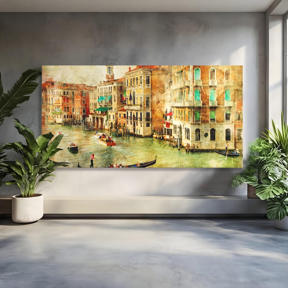 Tablou Canvas Premium LuxCanva® A1070, Plimbare Cu Gondola , Oameni, Canal Grande, Barci, Case, Culori Vibrante