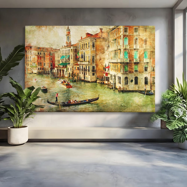 Tablou Canvas Premium LuxCanva® A1070, Plimbare Cu Gondola , Oameni, Canal Grande, Barci, Case, Culori Vibrante