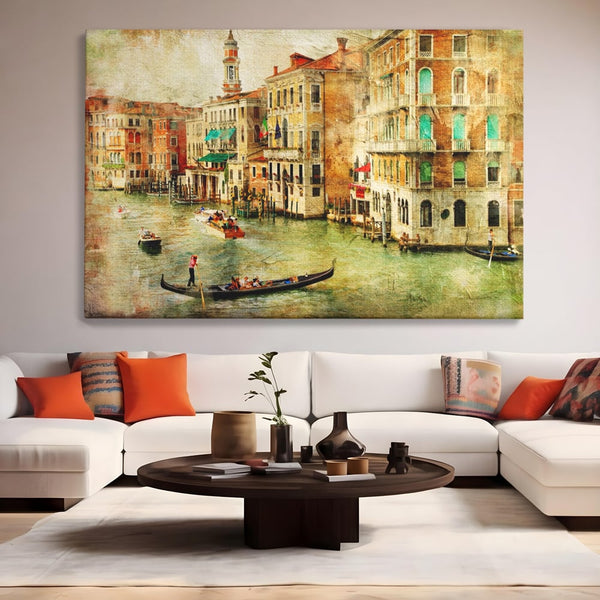 Tablou Canvas Premium LuxCanva® A1070, Plimbare Cu Gondola , Oameni, Canal Grande, Barci, Case, Culori Vibrante