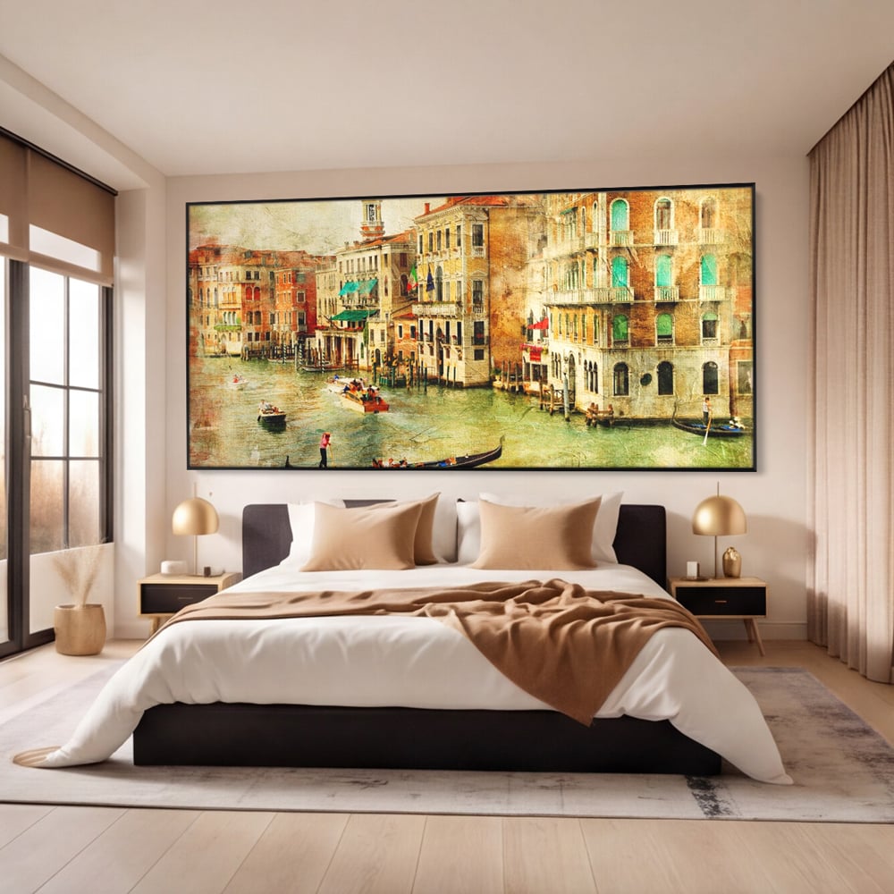 Tablou Canvas Premium LuxCanva® A1070, Plimbare Cu Gondola , Oameni, Canal Grande, Barci, Case, Culori Vibrante
