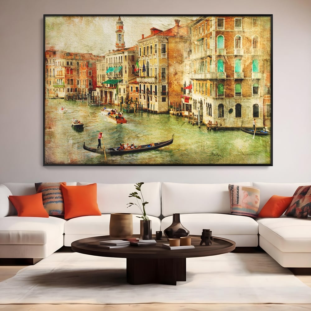 Tablou Canvas Premium LuxCanva® A1070, Plimbare Cu Gondola , Oameni, Canal Grande, Barci, Case, Culori Vibrante