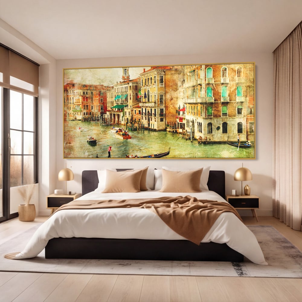 Tablou Canvas Premium LuxCanva® A1070, Plimbare Cu Gondola , Oameni, Canal Grande, Barci, Case, Culori Vibrante