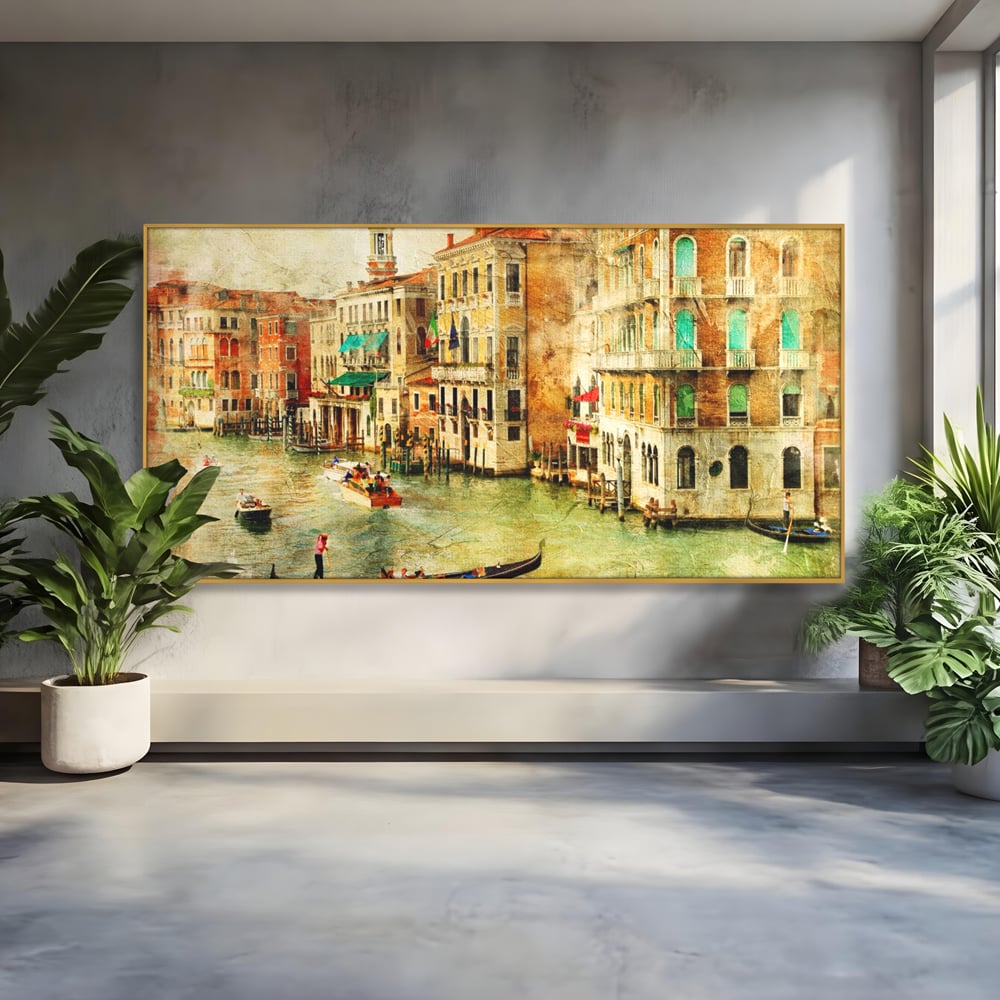Tablou Canvas Premium LuxCanva® A1070, Plimbare Cu Gondola , Oameni, Canal Grande, Barci, Case, Culori Vibrante