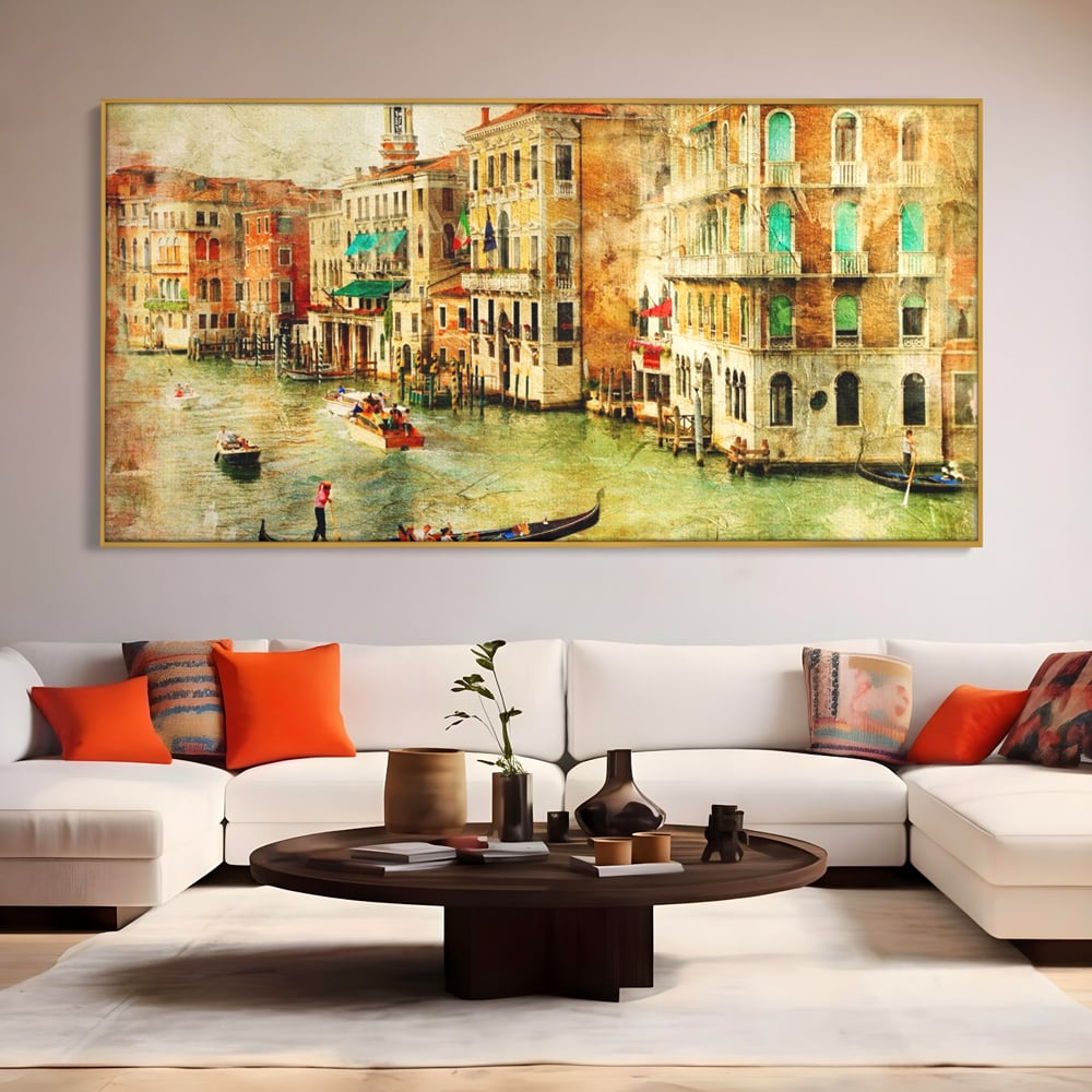 Tablou Canvas Premium LuxCanva® A1070, Plimbare Cu Gondola , Oameni, Canal Grande, Barci, Case, Culori Vibrante