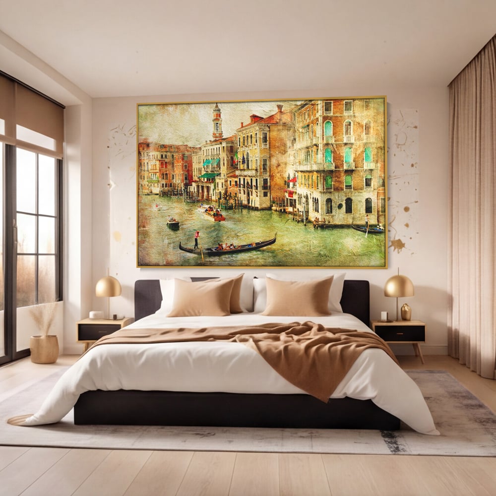 Tablou Canvas Premium LuxCanva® A1070, Plimbare Cu Gondola , Oameni, Canal Grande, Barci, Case, Culori Vibrante