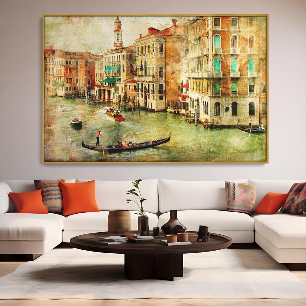 Tablou Canvas Premium LuxCanva® A1070, Plimbare Cu Gondola , Oameni, Canal Grande, Barci, Case, Culori Vibrante