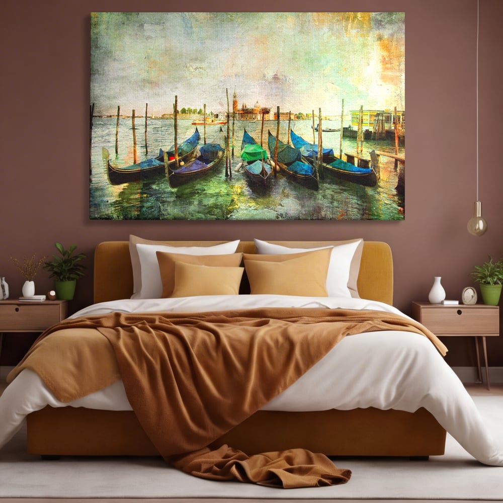 Tablou Canvas Premium LuxCanva® A1071, Barci In Port , Peisaj, Gondola, Mare, Culori Vibrante