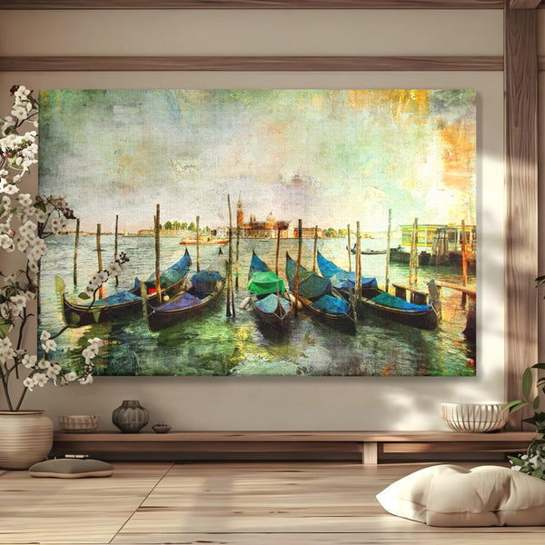 Tablou Canvas Premium LuxCanva® A1071, Barci In Port , Peisaj, Gondola, Mare, Culori Vibrante