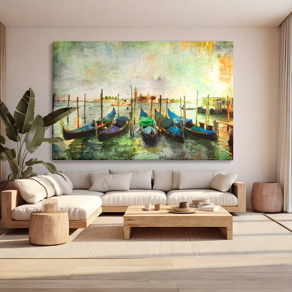 Tablou Canvas Premium LuxCanva® A1071, Barci In Port , Peisaj, Gondola, Mare, Culori Vibrante