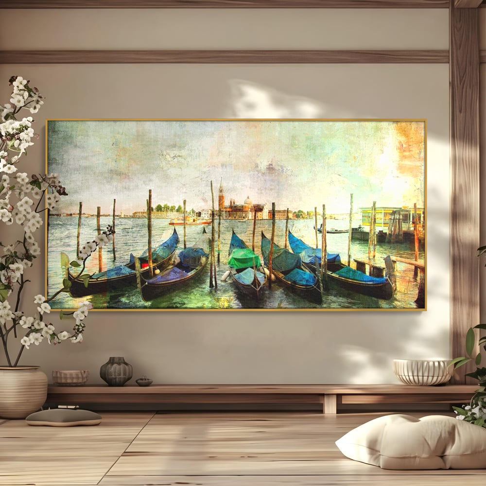 Tablou Canvas Premium LuxCanva® A1071, Barci In Port , Peisaj, Gondola, Mare, Culori Vibrante