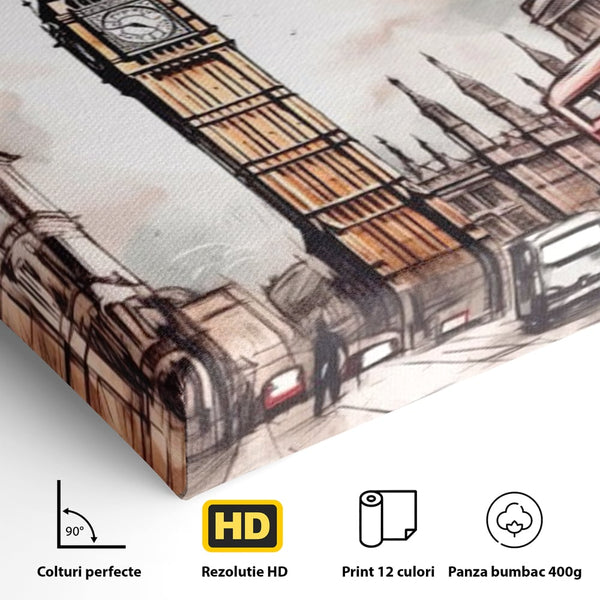 Tablou Canvas Premium LuxCanva® A1072, Big Ben , Londra, Marele Ben, City Bus, Culori Vibrante