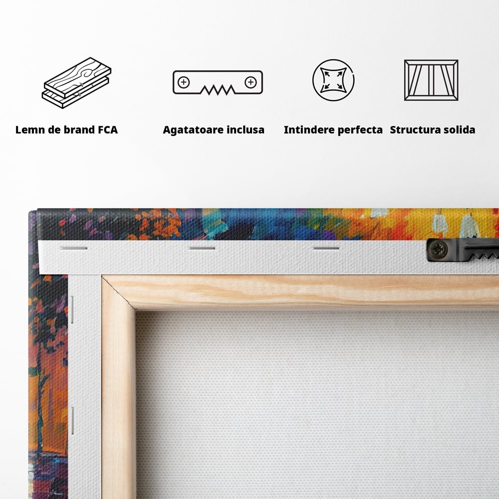 Tablou Canvas Premium LuxCanva® A1073, Ploaie La Ceas De Seara , Indragostiti, Plimbare, Felinare, Culori Vibrante