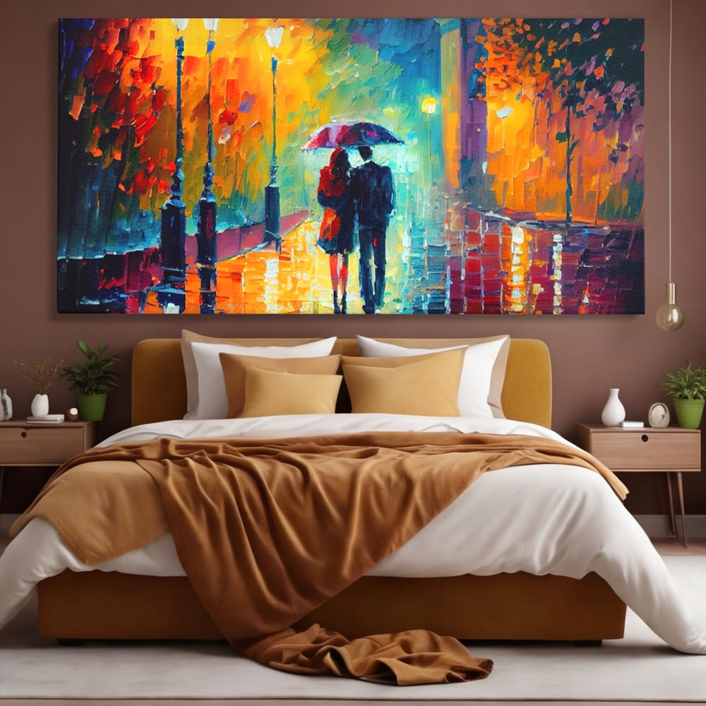Tablou Canvas Premium LuxCanva® A1073, Ploaie La Ceas De Seara , Indragostiti, Plimbare, Felinare, Culori Vibrante