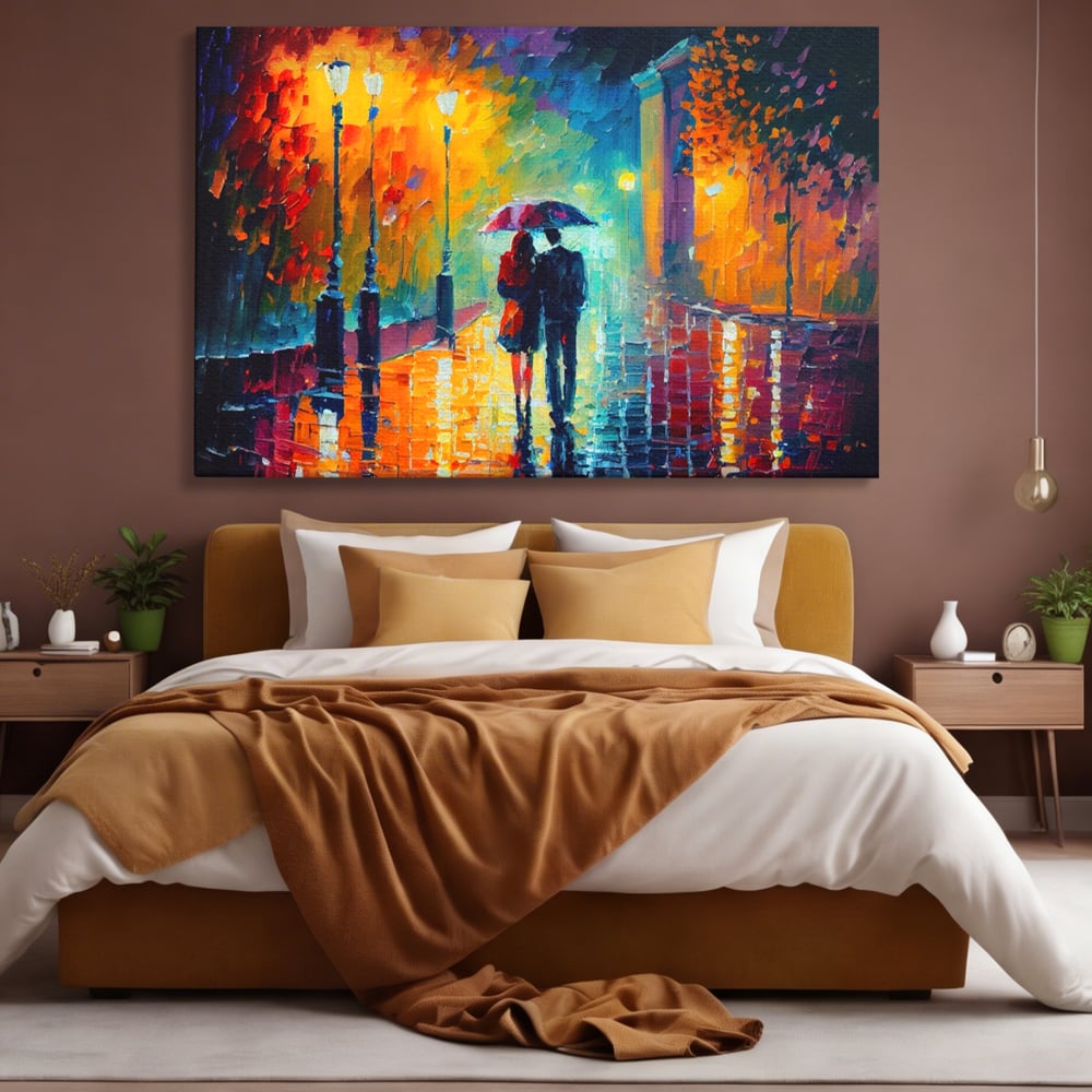 Tablou Canvas Premium LuxCanva® A1073, Ploaie La Ceas De Seara , Indragostiti, Plimbare, Felinare, Culori Vibrante