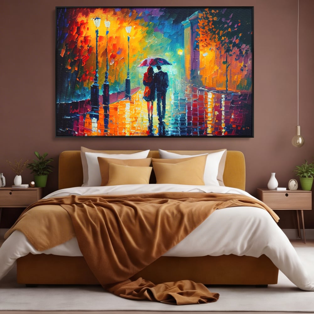 Tablou Canvas Premium LuxCanva® A1073, Ploaie La Ceas De Seara , Indragostiti, Plimbare, Felinare, Culori Vibrante
