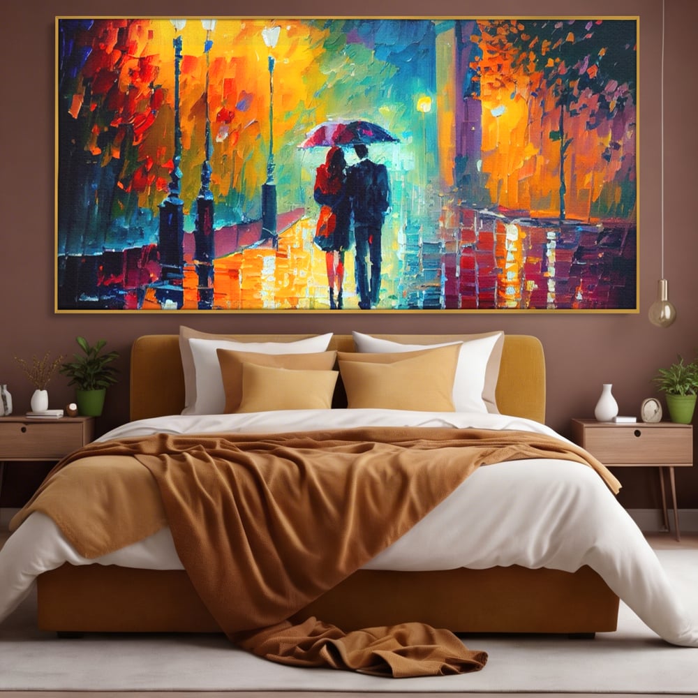 Tablou Canvas Premium LuxCanva® A1073, Ploaie La Ceas De Seara , Indragostiti, Plimbare, Felinare, Culori Vibrante
