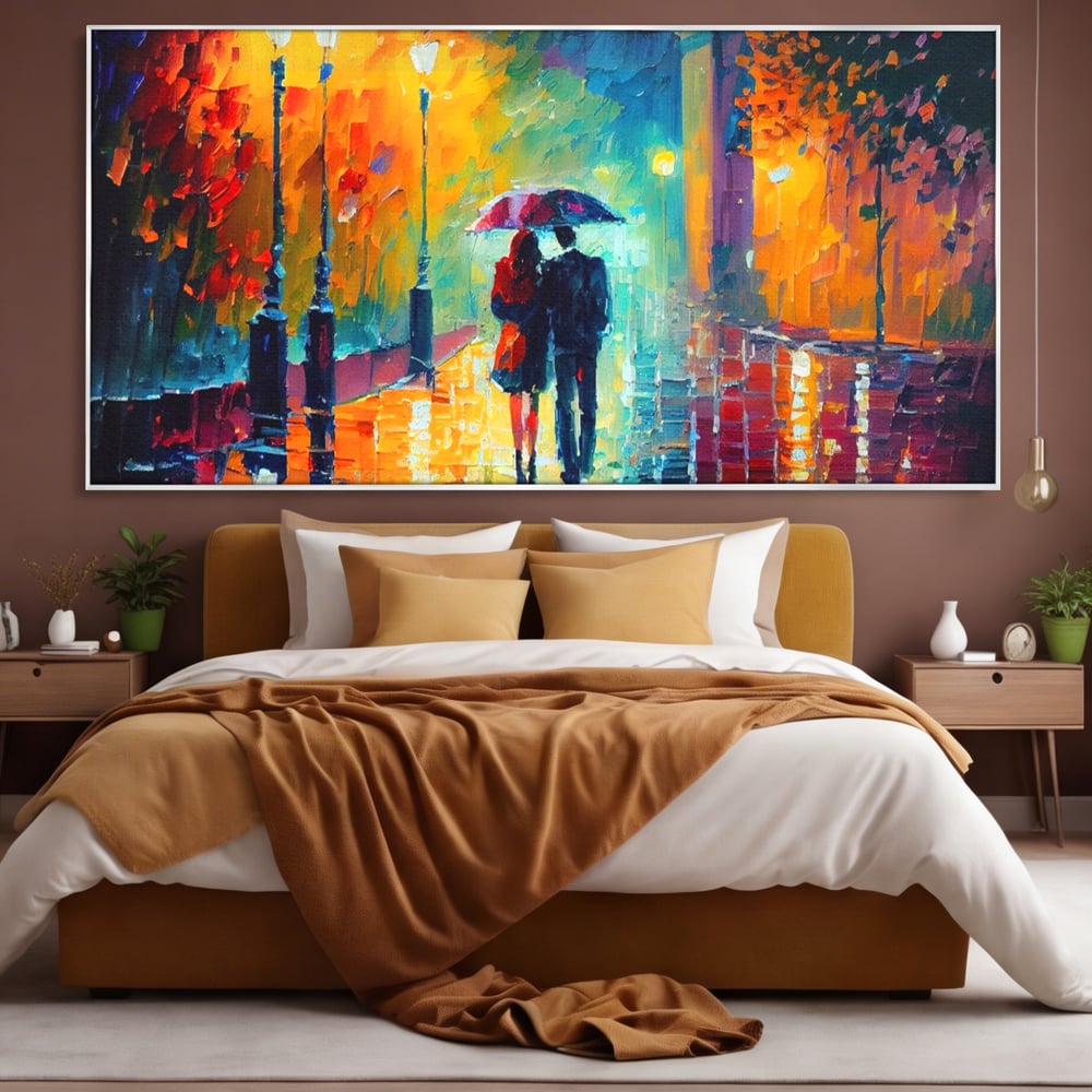 Tablou Canvas Premium LuxCanva® A1073, Ploaie La Ceas De Seara , Indragostiti, Plimbare, Felinare, Culori Vibrante