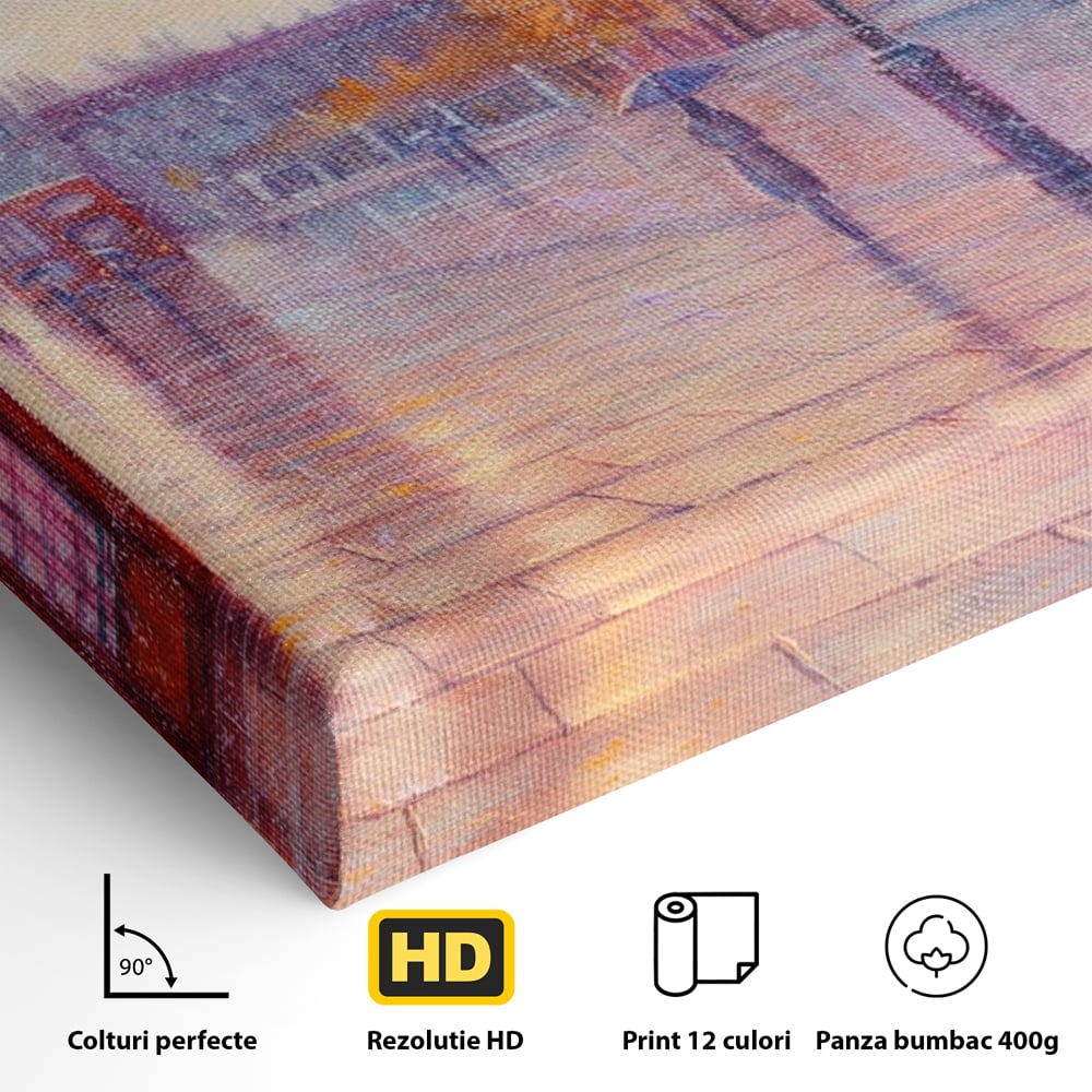 Tablou Canvas Premium LuxCanva® A1075, Ploaie In Londra , Red Telephone, Plimbare, Umbrela Rosie, Culori Vibrante