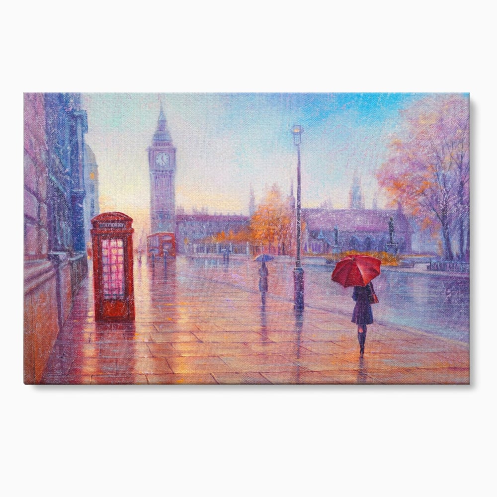 Tablou Canvas Premium LuxCanva® A1075, Ploaie In Londra , Red Telephone, Plimbare, Umbrela Rosie, Culori Vibrante
