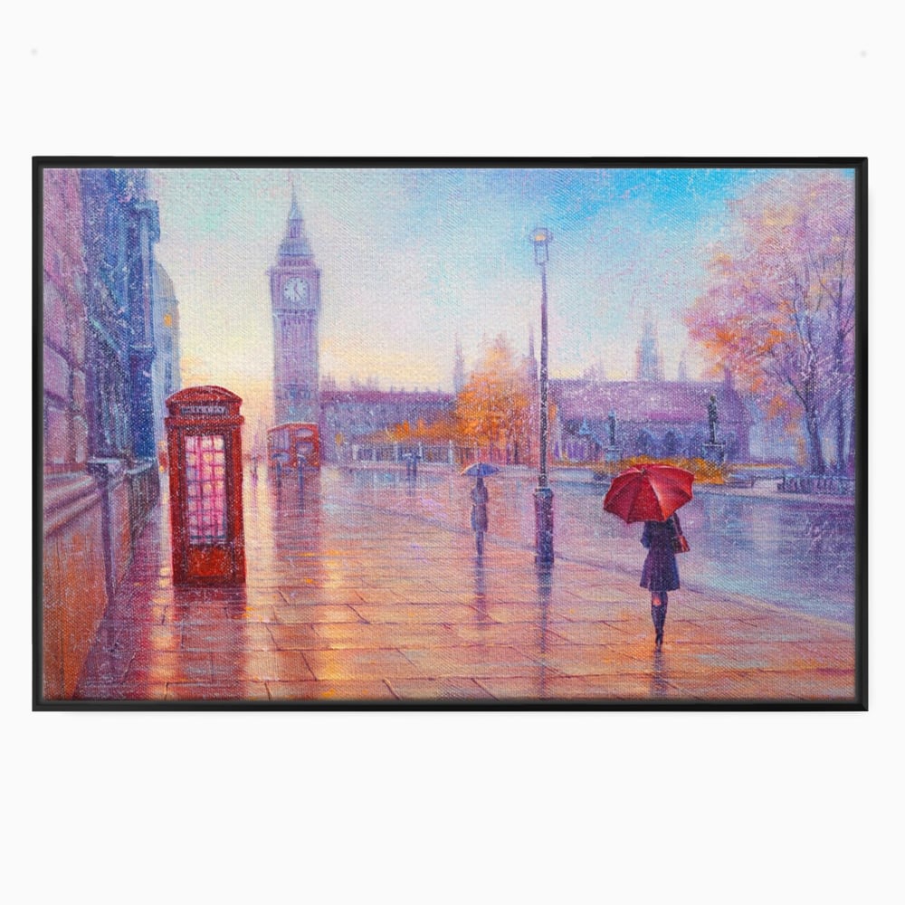 Tablou Canvas Premium LuxCanva® A1075, Ploaie In Londra , Red Telephone, Plimbare, Umbrela Rosie, Culori Vibrante