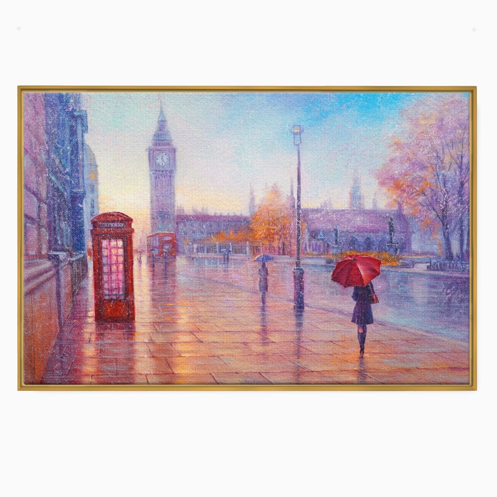 Tablou Canvas Premium LuxCanva® A1075, Ploaie In Londra , Red Telephone, Plimbare, Umbrela Rosie, Culori Vibrante