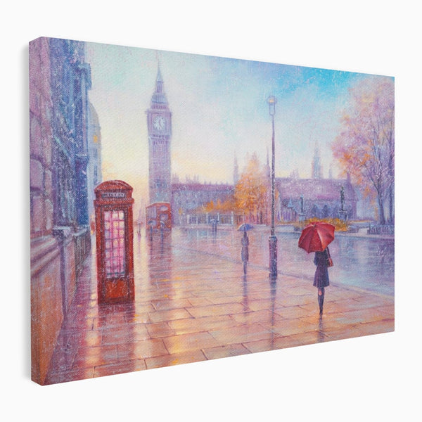 Tablou Canvas Premium LuxCanva® A1075, Ploaie In Londra , Red Telephone, Plimbare, Umbrela Rosie, Culori Vibrante