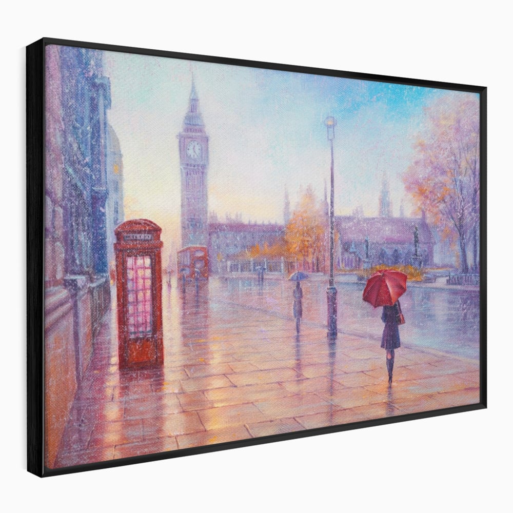 Tablou Canvas Premium LuxCanva® A1075, Ploaie In Londra , Red Telephone, Plimbare, Umbrela Rosie, Culori Vibrante