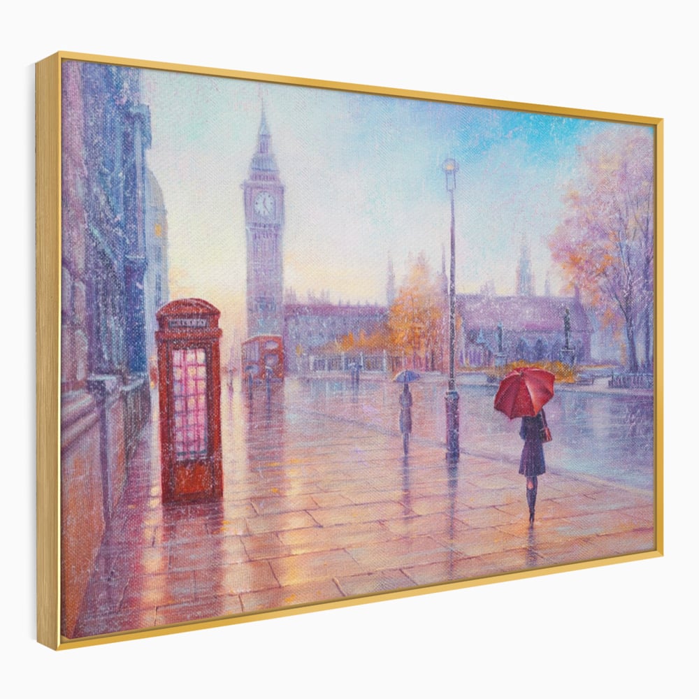 Tablou Canvas Premium LuxCanva® A1075, Ploaie In Londra , Red Telephone, Plimbare, Umbrela Rosie, Culori Vibrante