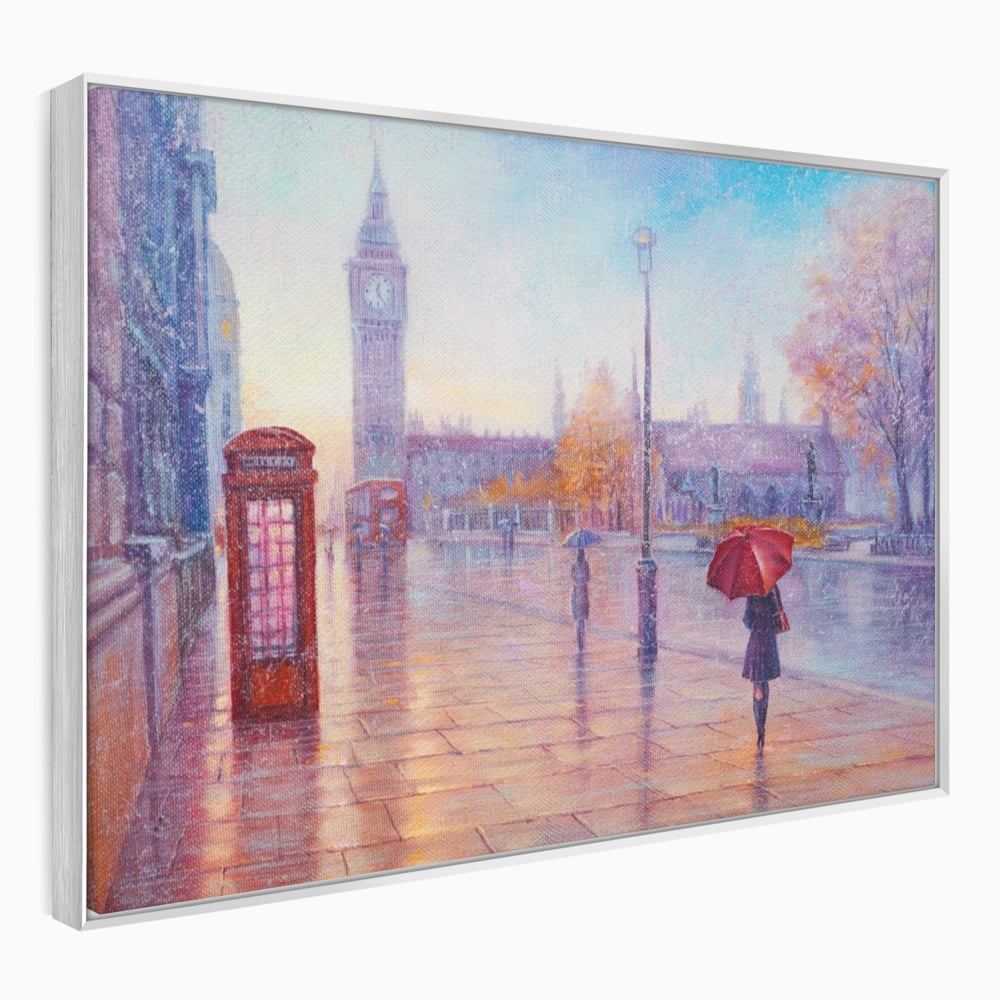 Tablou Canvas Premium LuxCanva® A1075, Ploaie In Londra , Red Telephone, Plimbare, Umbrela Rosie, Culori Vibrante