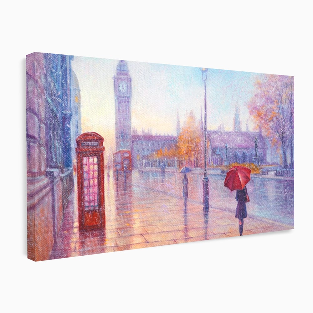 Tablou Canvas Premium LuxCanva® A1075, Ploaie In Londra , Red Telephone, Plimbare, Umbrela Rosie, Culori Vibrante