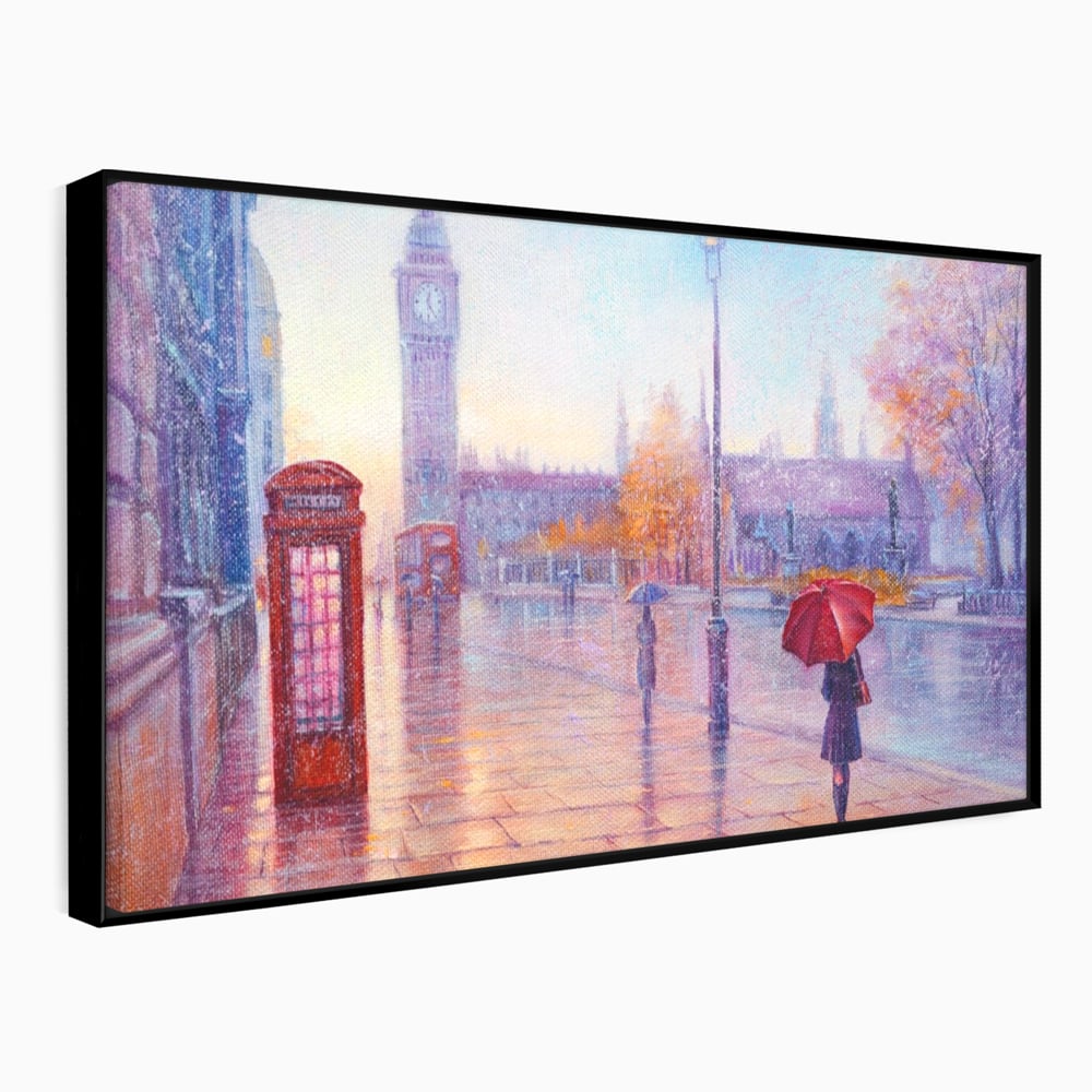Tablou Canvas Premium LuxCanva® A1075, Ploaie In Londra , Red Telephone, Plimbare, Umbrela Rosie, Culori Vibrante