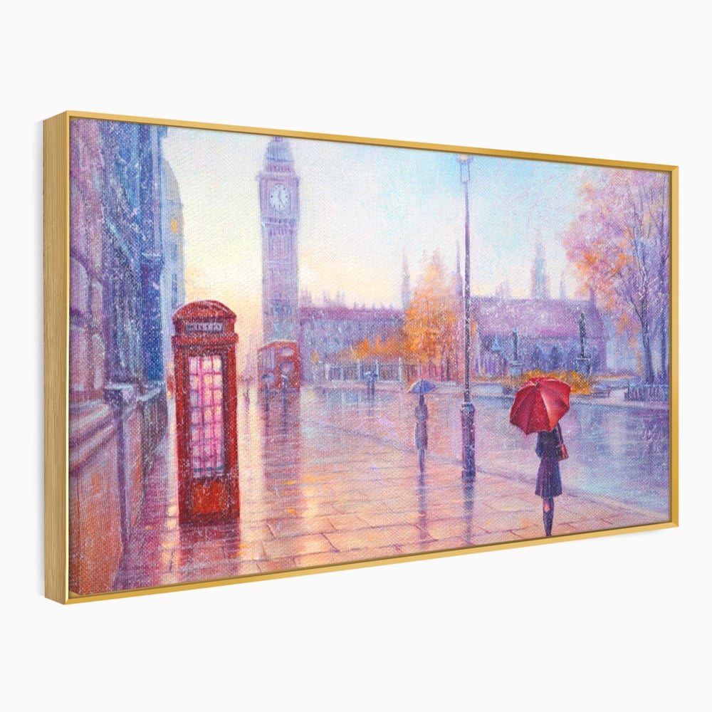 Tablou Canvas Premium LuxCanva® A1075, Ploaie In Londra , Red Telephone, Plimbare, Umbrela Rosie, Culori Vibrante
