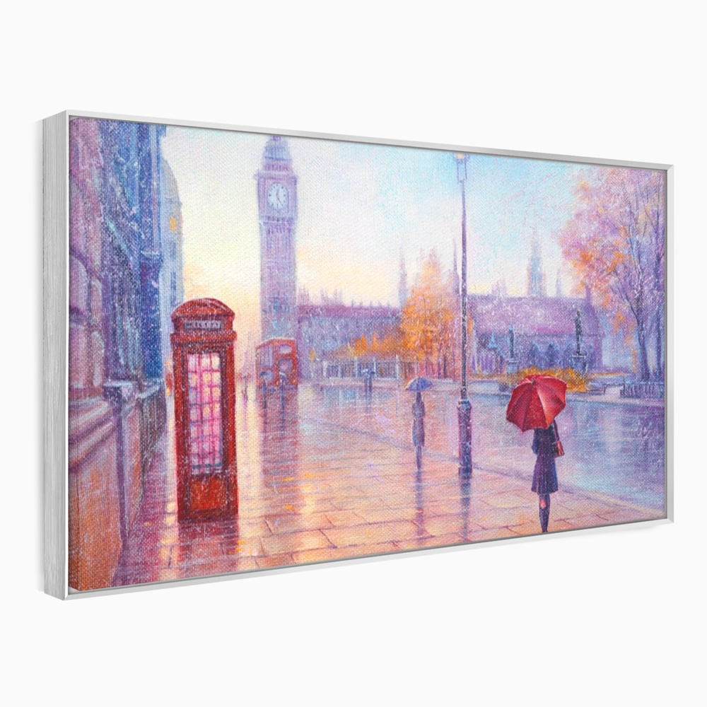 Tablou Canvas Premium LuxCanva® A1075, Ploaie In Londra , Red Telephone, Plimbare, Umbrela Rosie, Culori Vibrante