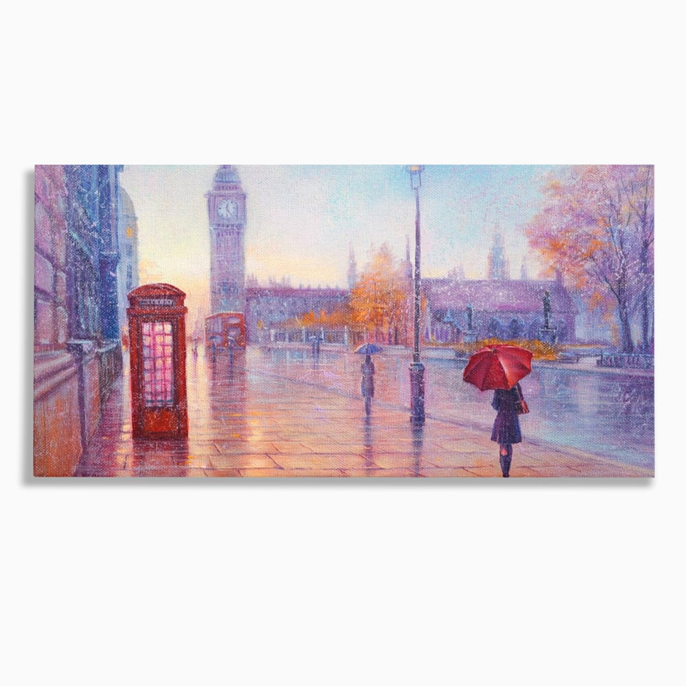 Tablou Canvas Premium LuxCanva® A1075, Ploaie In Londra , Red Telephone, Plimbare, Umbrela Rosie, Culori Vibrante