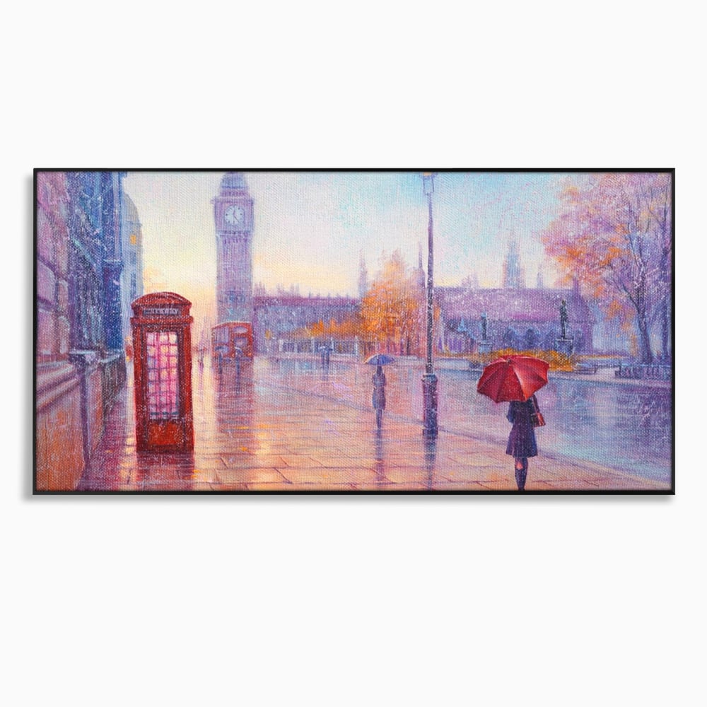Tablou Canvas Premium LuxCanva® A1075, Ploaie In Londra , Red Telephone, Plimbare, Umbrela Rosie, Culori Vibrante