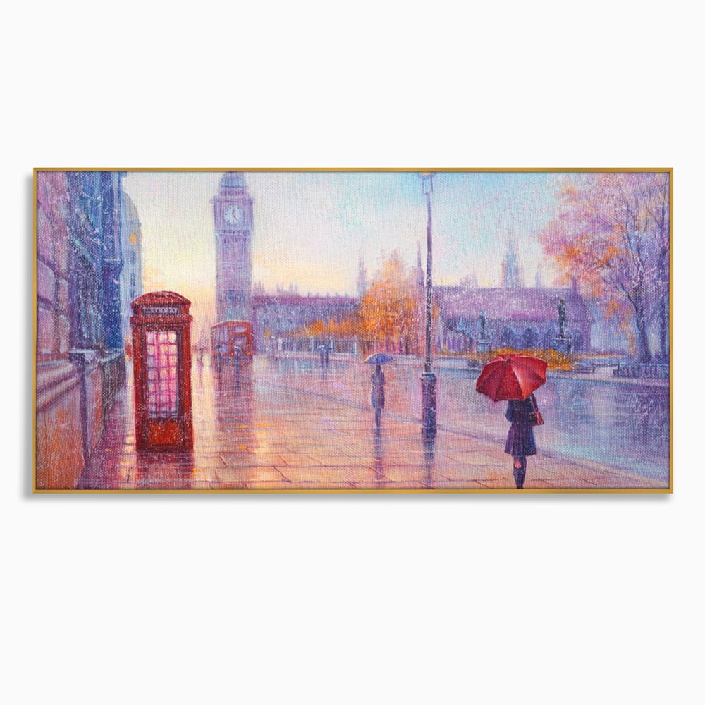 Tablou Canvas Premium LuxCanva® A1075, Ploaie In Londra , Red Telephone, Plimbare, Umbrela Rosie, Culori Vibrante