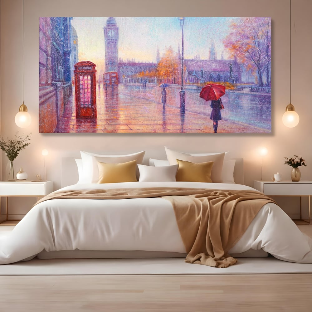 Tablou Canvas Premium LuxCanva® A1075, Ploaie In Londra , Red Telephone, Plimbare, Umbrela Rosie, Culori Vibrante
