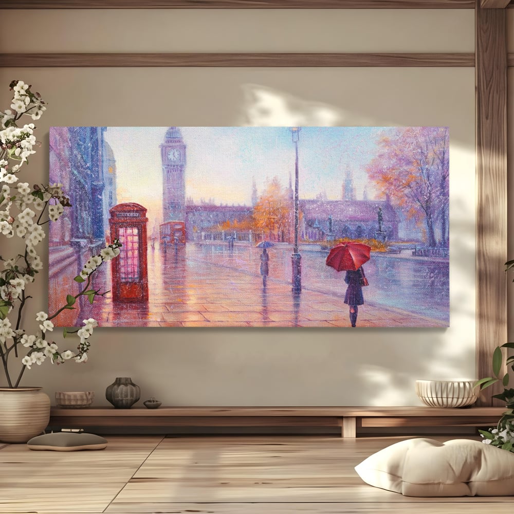 Tablou Canvas Premium LuxCanva® A1075, Ploaie In Londra , Red Telephone, Plimbare, Umbrela Rosie, Culori Vibrante