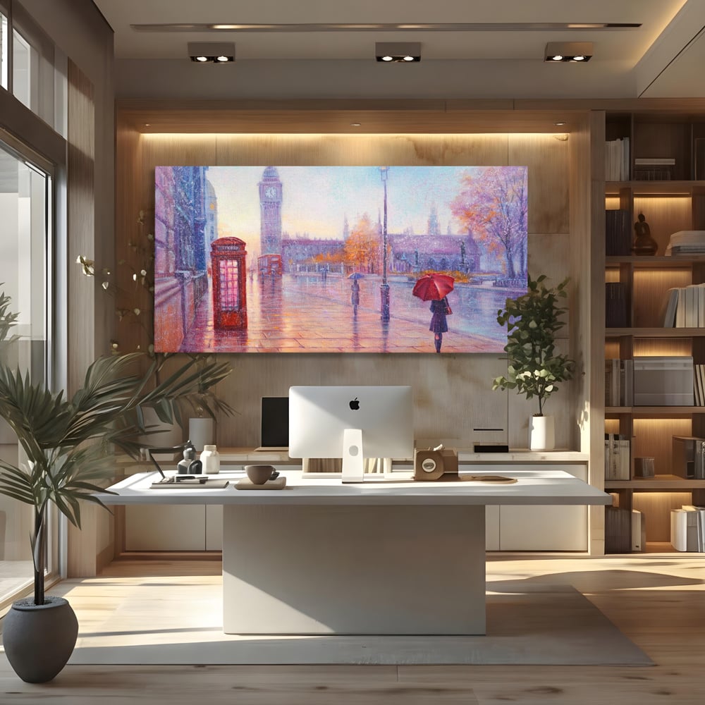 Tablou Canvas Premium LuxCanva® A1075, Ploaie In Londra , Red Telephone, Plimbare, Umbrela Rosie, Culori Vibrante