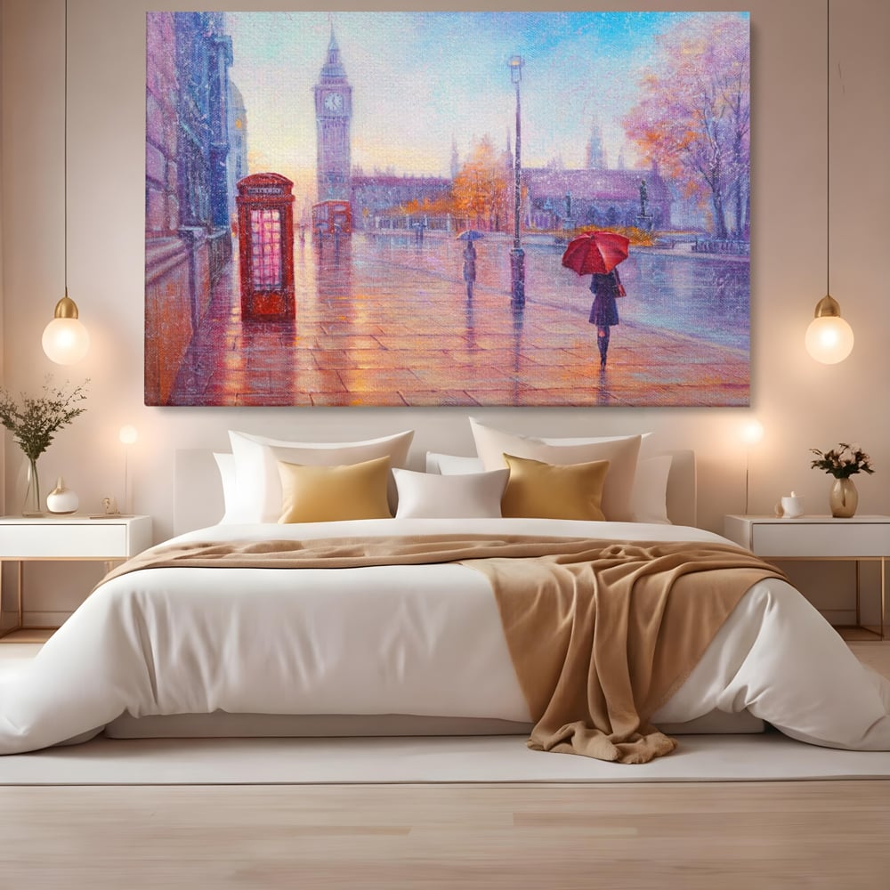 Tablou Canvas Premium LuxCanva® A1075, Ploaie In Londra , Red Telephone, Plimbare, Umbrela Rosie, Culori Vibrante