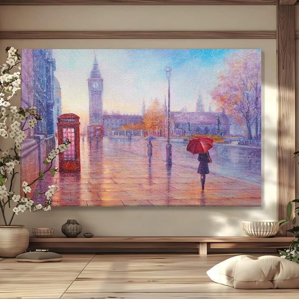 Tablou Canvas Premium LuxCanva® A1075, Ploaie In Londra , Red Telephone, Plimbare, Umbrela Rosie, Culori Vibrante