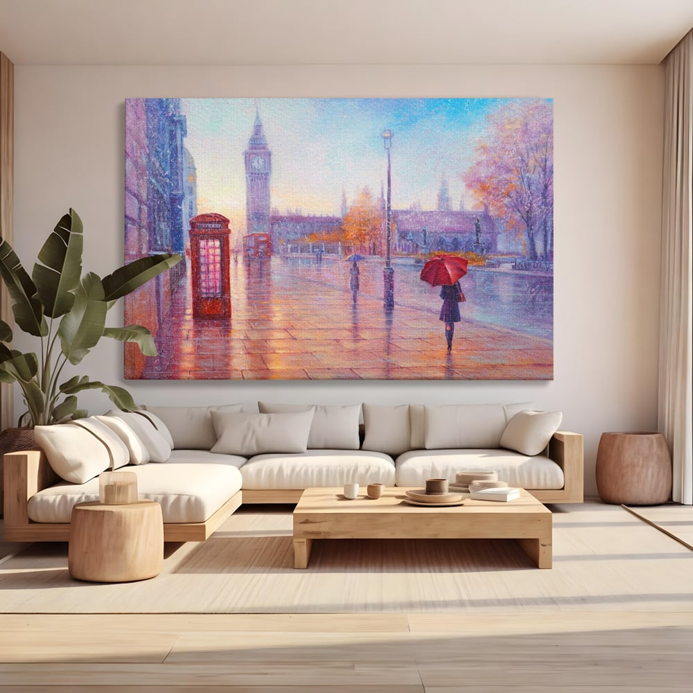 Tablou Canvas Premium LuxCanva® A1075, Ploaie In Londra , Red Telephone, Plimbare, Umbrela Rosie, Culori Vibrante