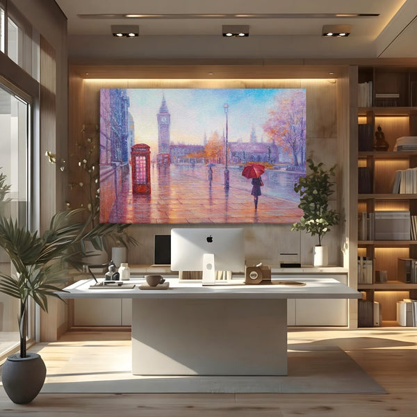 Tablou Canvas Premium LuxCanva® A1075, Ploaie In Londra , Red Telephone, Plimbare, Umbrela Rosie, Culori Vibrante