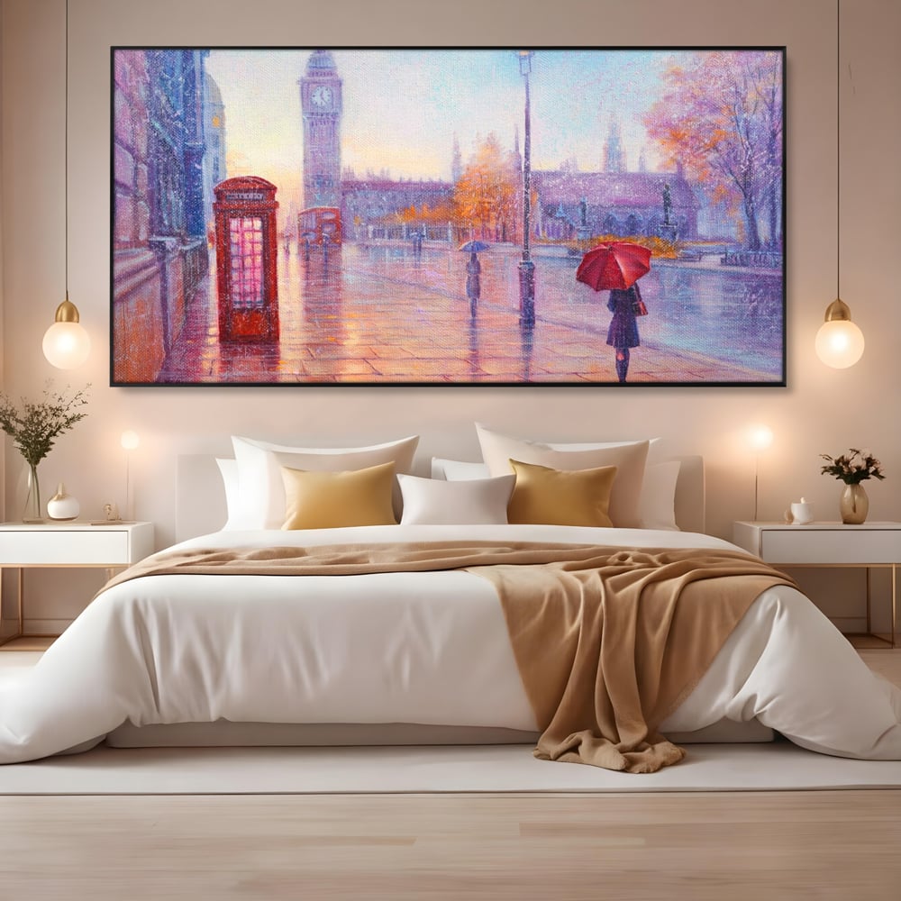 Tablou Canvas Premium LuxCanva® A1075, Ploaie In Londra , Red Telephone, Plimbare, Umbrela Rosie, Culori Vibrante