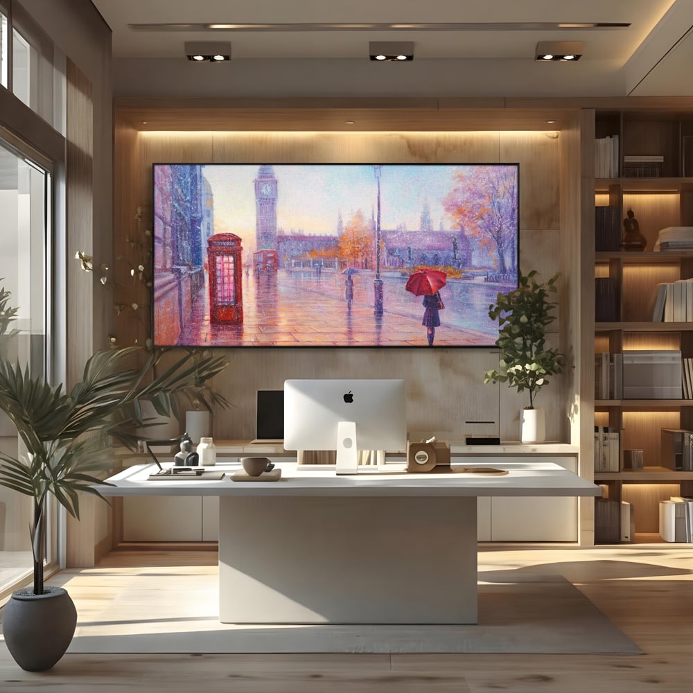 Tablou Canvas Premium LuxCanva® A1075, Ploaie In Londra , Red Telephone, Plimbare, Umbrela Rosie, Culori Vibrante