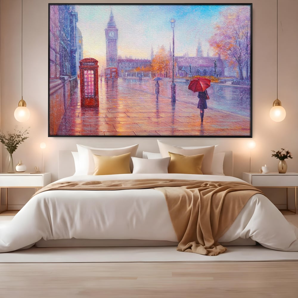 Tablou Canvas Premium LuxCanva® A1075, Ploaie In Londra , Red Telephone, Plimbare, Umbrela Rosie, Culori Vibrante