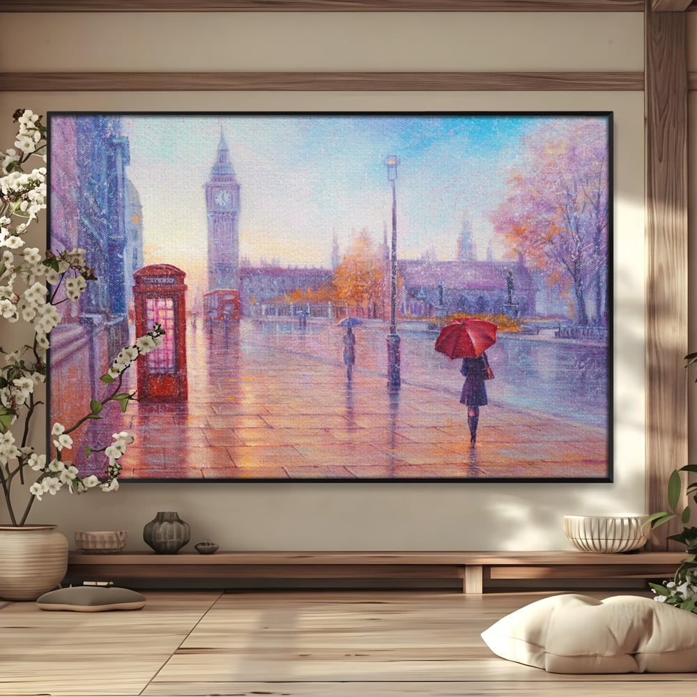 Tablou Canvas Premium LuxCanva® A1075, Ploaie In Londra , Red Telephone, Plimbare, Umbrela Rosie, Culori Vibrante