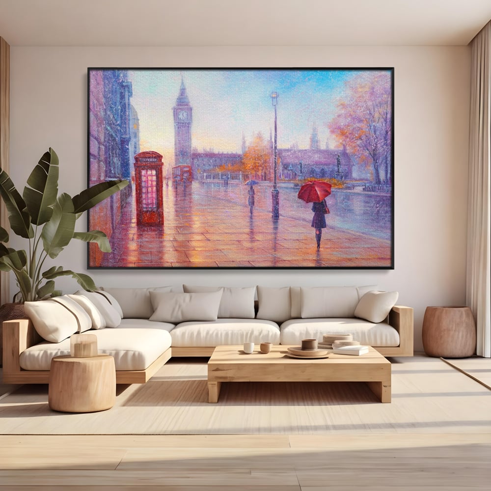 Tablou Canvas Premium LuxCanva® A1075, Ploaie In Londra , Red Telephone, Plimbare, Umbrela Rosie, Culori Vibrante
