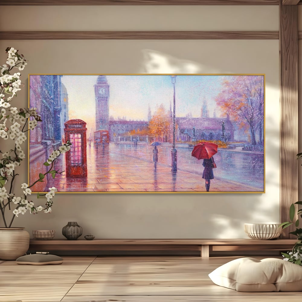 Tablou Canvas Premium LuxCanva® A1075, Ploaie In Londra , Red Telephone, Plimbare, Umbrela Rosie, Culori Vibrante