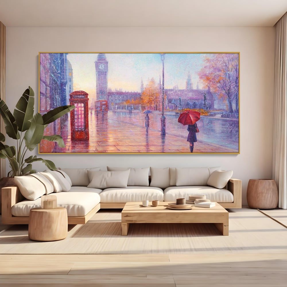 Tablou Canvas Premium LuxCanva® A1075, Ploaie In Londra , Red Telephone, Plimbare, Umbrela Rosie, Culori Vibrante